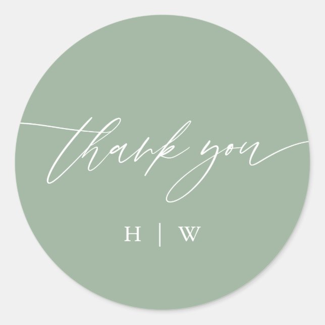 Sage Green Thank You Monogram Wedding Classic Round Sticker (Front)