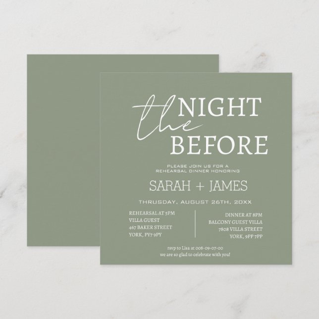 Sage Green the Night Before Rehearsal Dinner  Invitation (Front/Back)