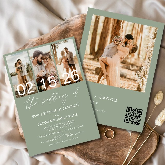 Sage Green The Wedding of Photo QR code Elegant Invitation (Creator Uploaded)
