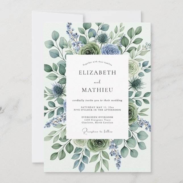 Sage Green Thistle Winter Wedding Invitation (Front)