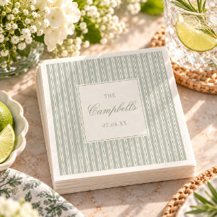 Sage Green Ticking Stripe Personalised Wedding Napkin