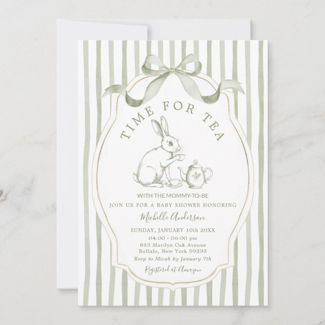 Sage Green Time for Tea Rabbit Invitation (Front)