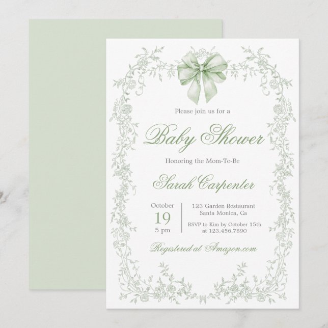 Sage Green Toile and Bow Baby Shower Invitation (Front/Back)