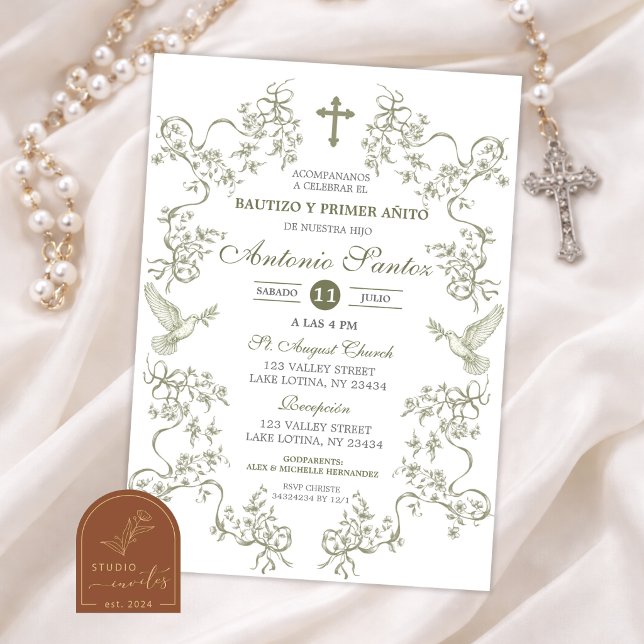 Sage Green Toile Baptism Boy Invitation (Creator Uploaded)