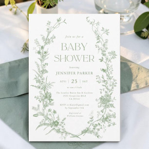 Sage Green Toile Floral Baby Shower Invitation