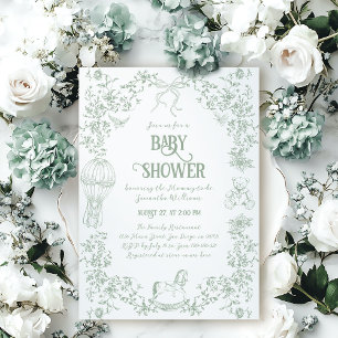 Sage Green Toile Floral Bow Bear Baby Shower Invitation