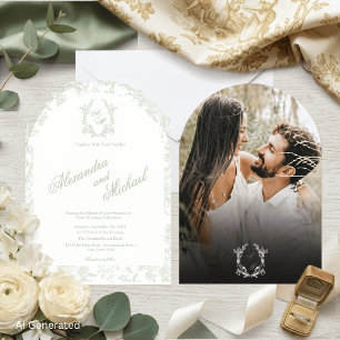Sage Green Toile Floral Monogram Photo Wedding Invitation