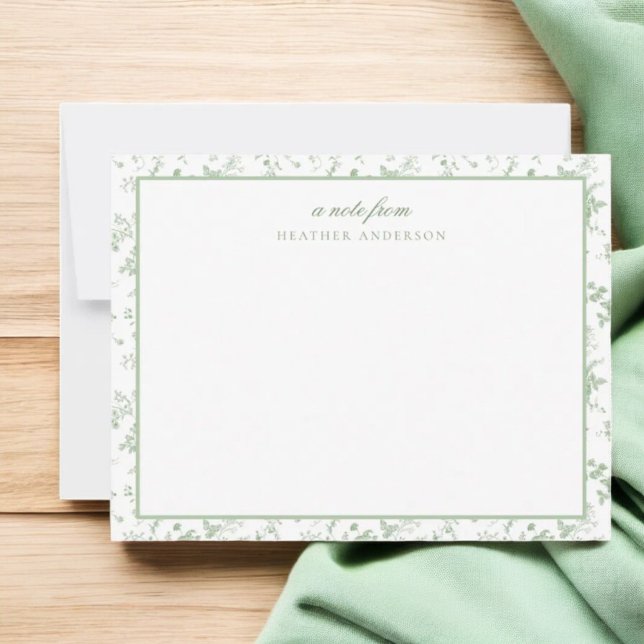 Sage Green Toile Floral Personalised Stationery Card (Creator Uploaded)