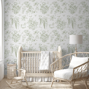 Sage Green Toile Floral Teddy Bear Elegant Classic Wallpaper
