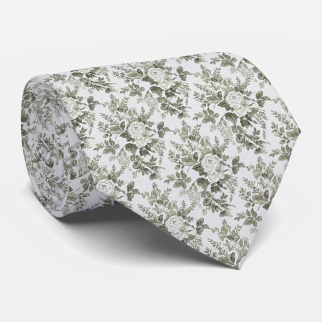 Sage Green Toile Floral  Tie (Rolled)