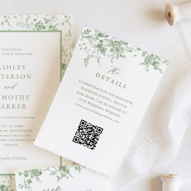 Sage Green Toile French Floral Wedding Details QR Enclosure Card (Creator Uploaded)