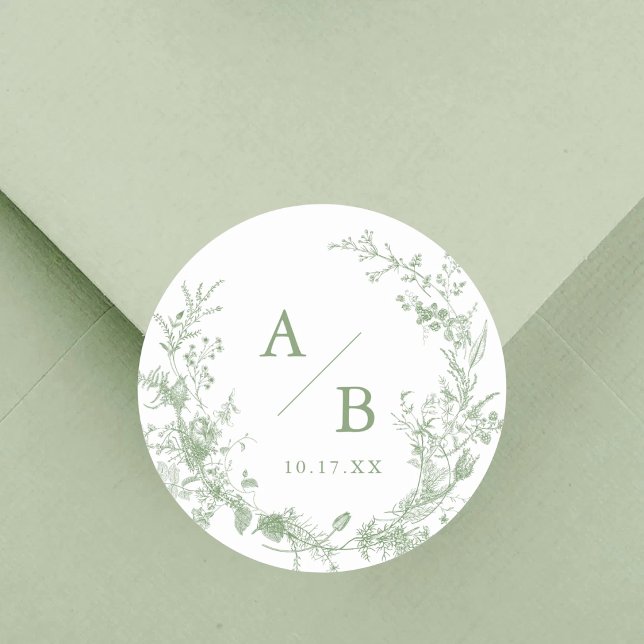 Sage Green Toile Victorian Wedding Initials Classic Round Sticker (Creator Uploaded)