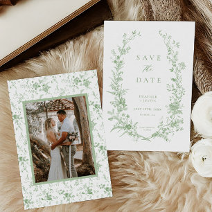 Sage Green Toile Vintage Floral Photo Wedding Save The Date