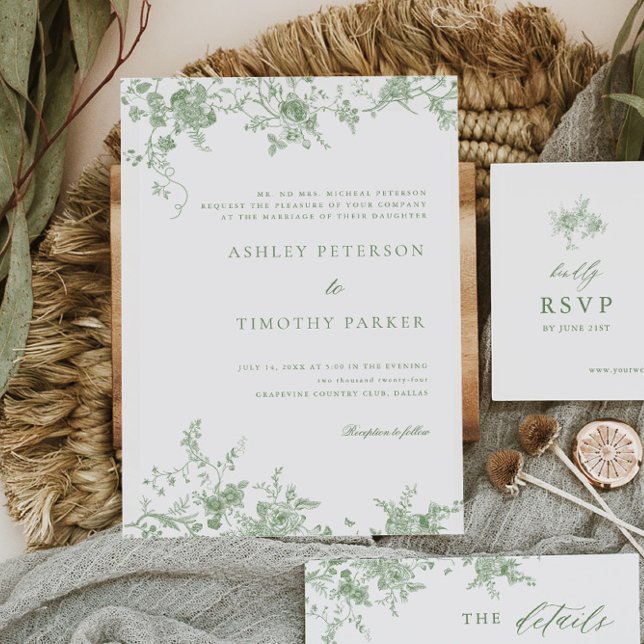 Sage Green Toile Vintage Floral Wedding Invitation (Creator Uploaded)