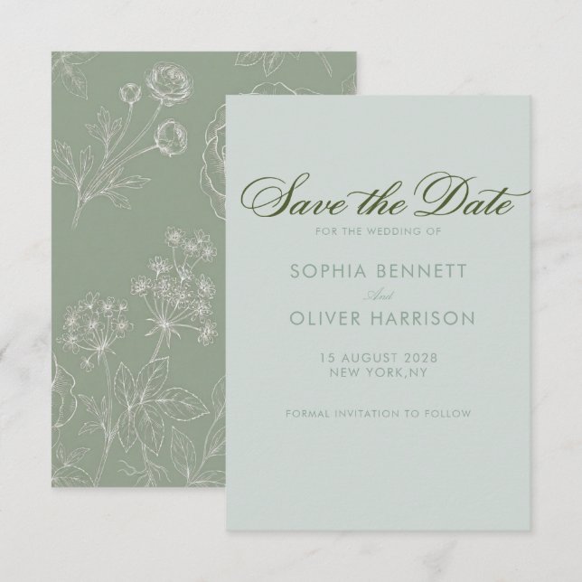  sage green topography elegant simple classy save the date (Front/Back)