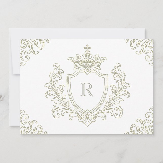 Sage Green Traditional Crest Monogram Baptism Invitation (Front)