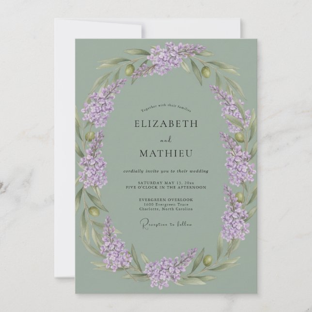 Sage Green Tranquil Lilac Wedding Invitation (Front)