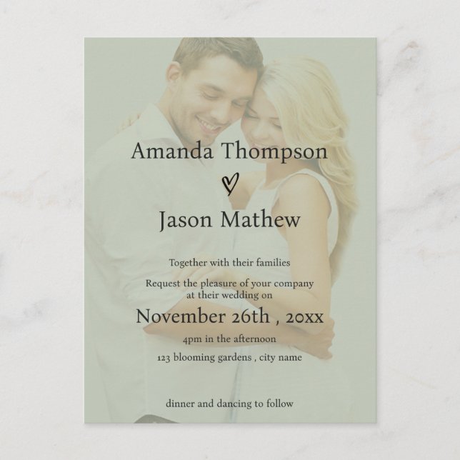 Sage Green Translucent Overlay Wedding Invitation  Postcard (Front)