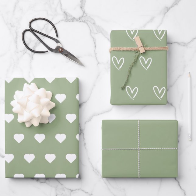 Sage Green Trendy Minimalist Simple Heart Elegant Wrapping Paper Sheet (Front)