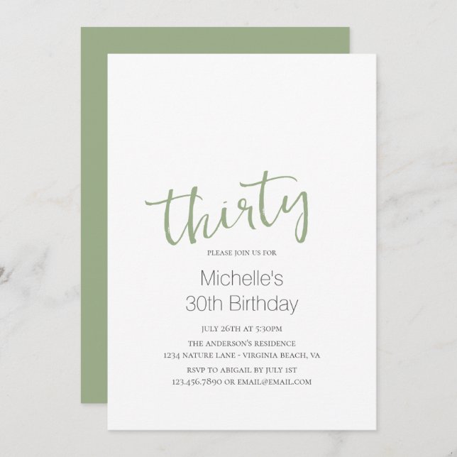 Sage Green Trendy Modern Minimalist 30th Birthday Invitation (Front/Back)