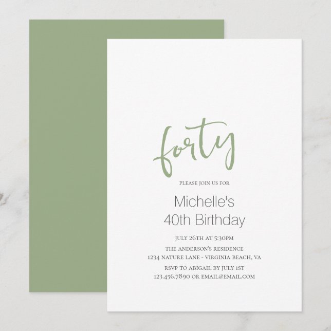 Sage Green Trendy Modern Minimalist 40th Birthday Invitation (Front/Back)