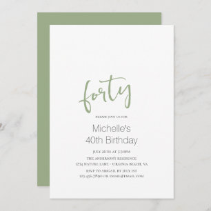 Sage Green Trendy Modern Minimalist 40th Birthday Invitation