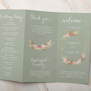 Sage green Tri-fold floral wedding program Flyer