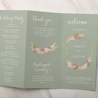 Sage green Tri-fold floral wedding program Flyer