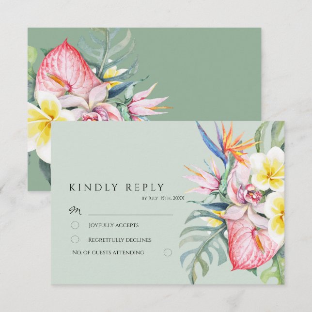 Sage Green Tropical Floral Hawaii Wedding RSVP Card (Front/Back)