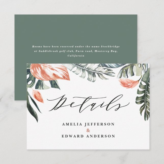Sage green tropical foliage wedding details card (Front/Back)