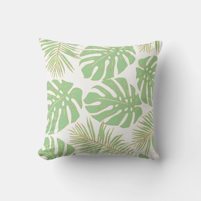 Sage green tropical monstera leaves pattern cushion (Front)