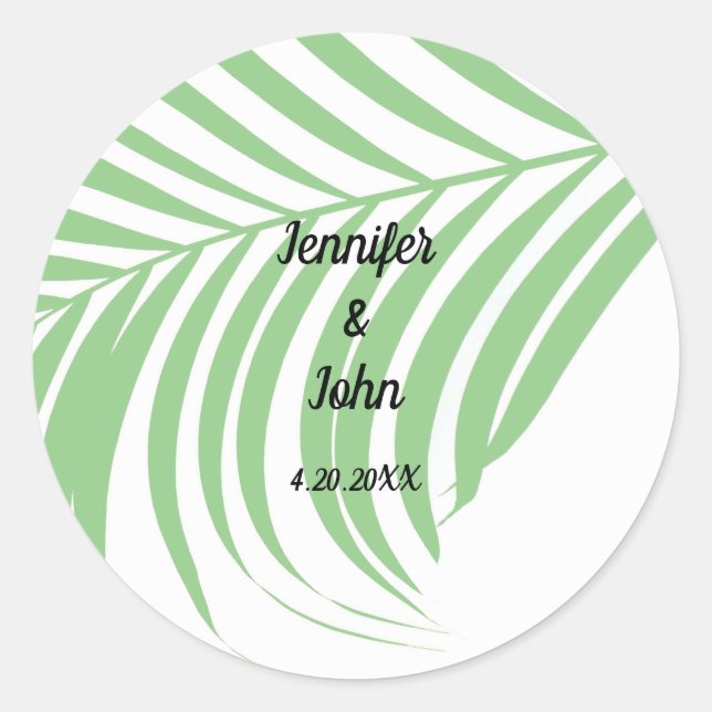 Sage Green Tropical Palm Tree Leaf Cute Wedding Classic Round Sticker (Front)