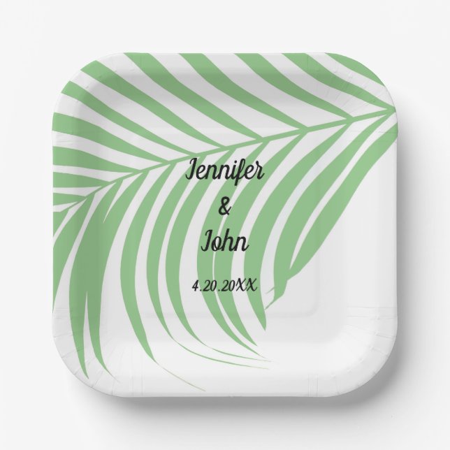 Sage Green Tropical Palm Tree Leaf Cute Wedding Paper Plate (Front)