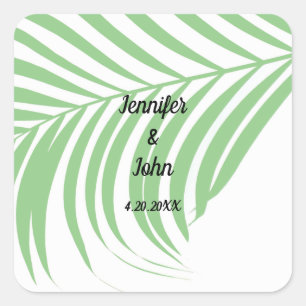 Sage Green Tropical Palm Tree Leaf Cute Wedding Square Sticker