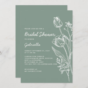Sage Green Tulip Line Art Garden Bridal Shower Invitation
