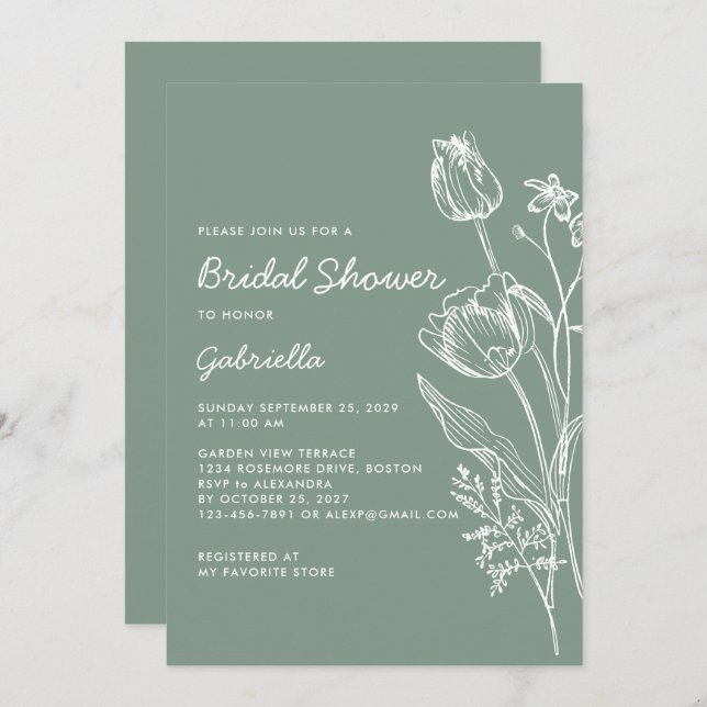 Sage Green Tulip Line Art Garden Bridal Shower Invitation (Front/Back)