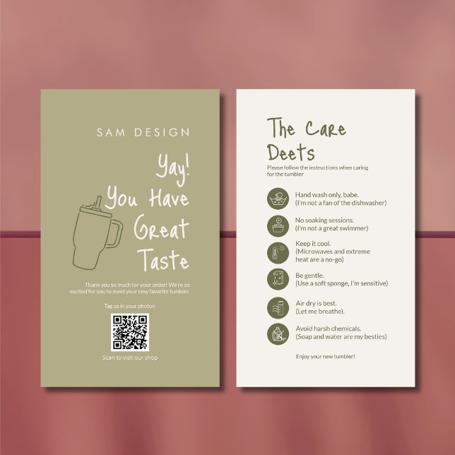 Sage Green Tumbler Care Instruction Card & QR code (Creator Uploaded)