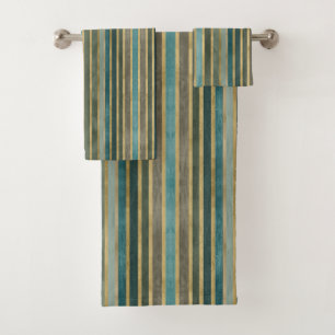 Sage Green turquoise Taupe Grey Farmhouse Stripes  Bath Towel Set