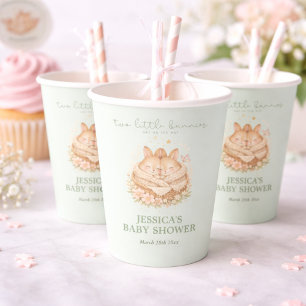 Sage Green Twin Bunnies Gender Neutral Baby Shower Paper Cups