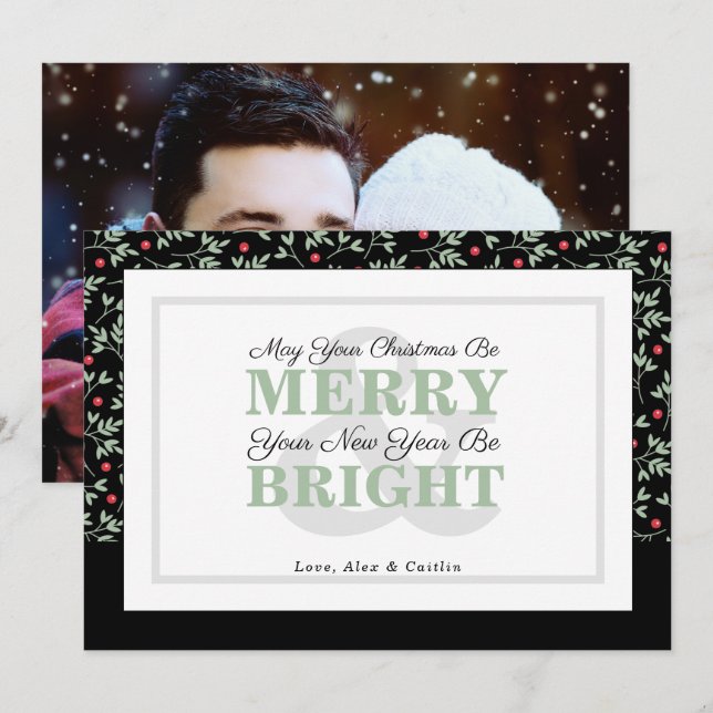 Sage Green Typography Holiday Greenery Photo Card (Front/Back)