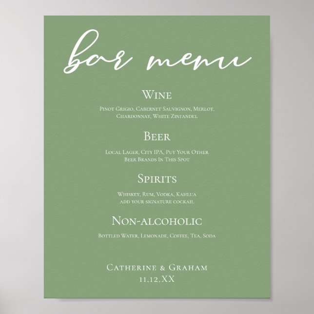 Sage Green Typography Minimalist Wedding Bar Menu Poster (Front)