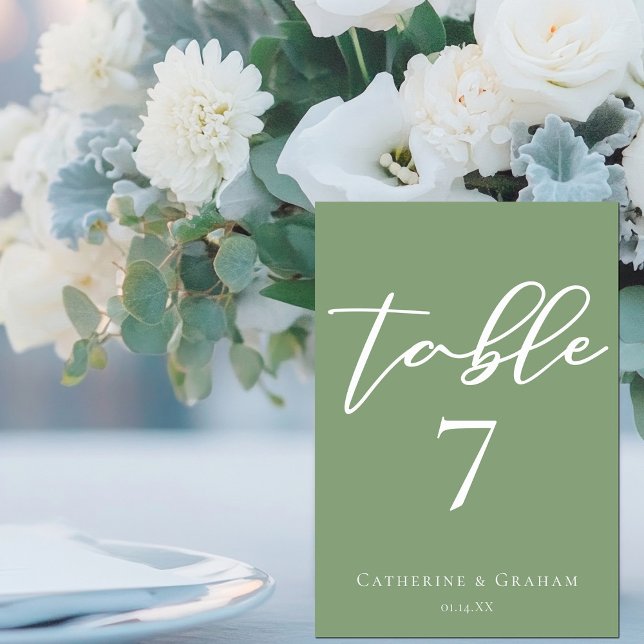 Sage Green Typography Minimalist Wedding Table Number (Creator Uploaded)