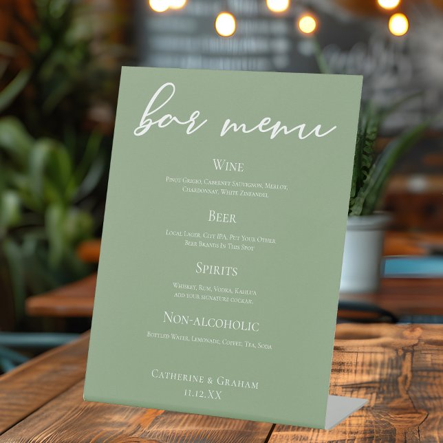 Sage Green Typography Spring Wedding Bar Menu Pedestal Sign (Creator Uploaded)
