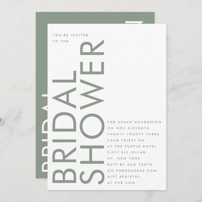 Sage Green Ultra Modern Custom Name Bridal Shower Invitation (Front/Back)