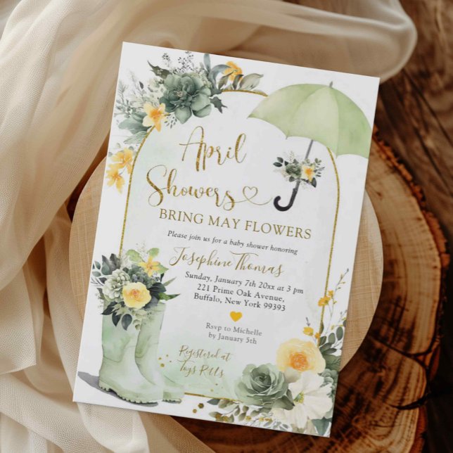 Sage Green Umbrella April Showers Baby Shower Invitation (Creator Uploaded)