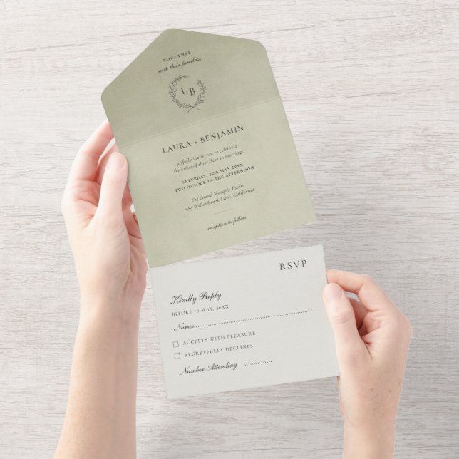 Sage Green Velvet, Laurel Wreath Wedding All In One Invitation (Tearaway)