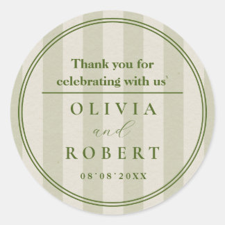 Sage Green Vertical Stripes Minimalist Wedding Classic Round Sticker