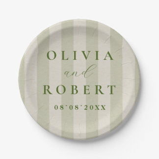Sage Green Vertical Stripes Minimalist Wedding Paper Plate