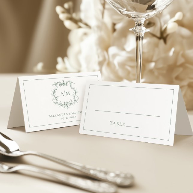 Sage Green Victorian Baroque Floral Crest Wedding Place Card (Creator Uploaded)