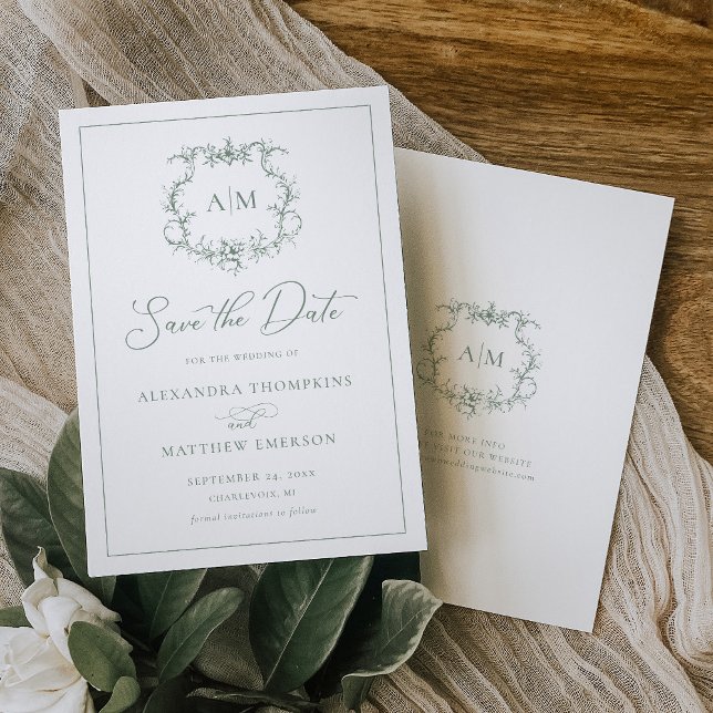 Sage Green Victorian Baroque Floral Crest Wedding Save The Date (Creator Uploaded)